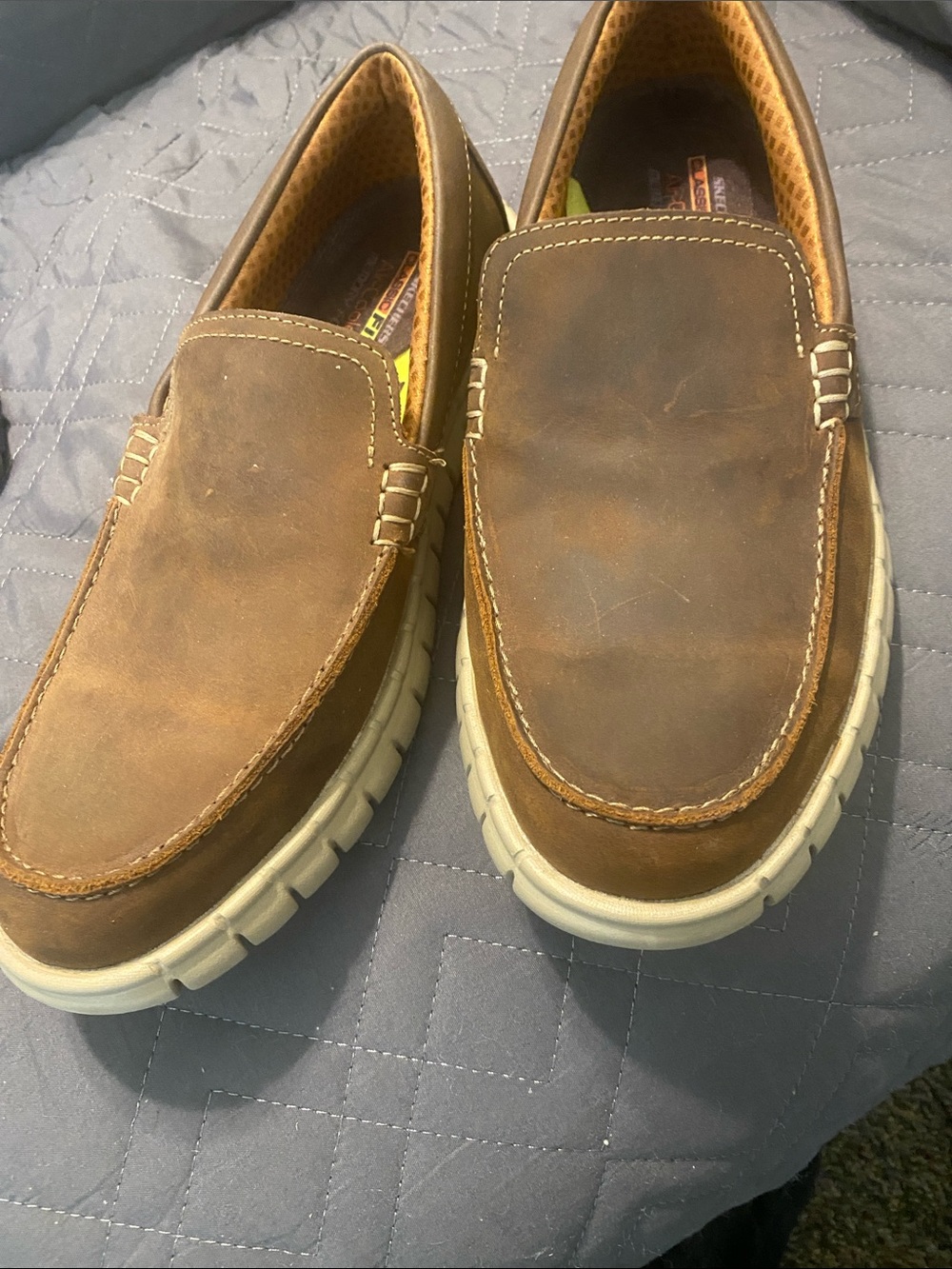 Skechers Men's Brown Leather Slip-On Loafers with White Outsole